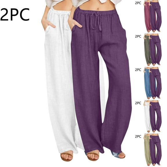 jtjvou Womens Summer Fashion Linen Pants 2025 Solid Casual High Waist Loose Fit Drawstring Trousers with Pockets Green L