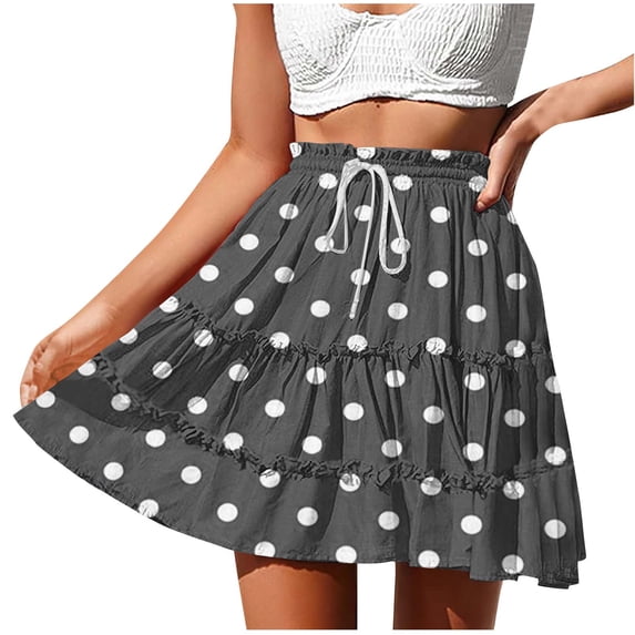 jtjvou Womens Summer Floral High Waist Ruffle Short Mini Skirts Drawstring Tie Polka Dots Skirt Flowy Beach Skorts Gray S