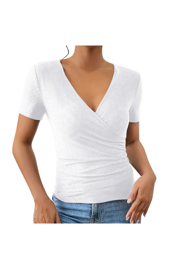 Womens Summer Going Out Tops Petite Short Sleeve V-Neck Cute Tee Casual Basic Eyelet Knit T Shirt Trendy Y2K Clothes White M