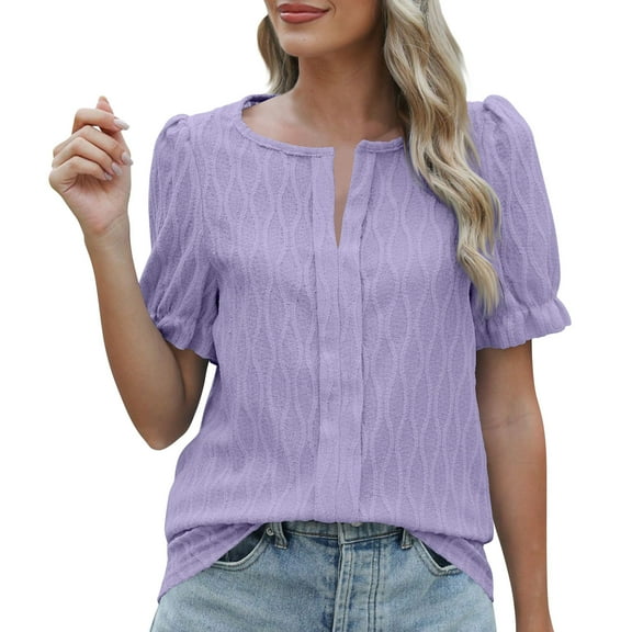 jtjvou Womens Summer Shirt V Neck Casual Tshirts Puff Sleeve Tops Dressy Casual Tunic Blouses Cute Clothes Purple M