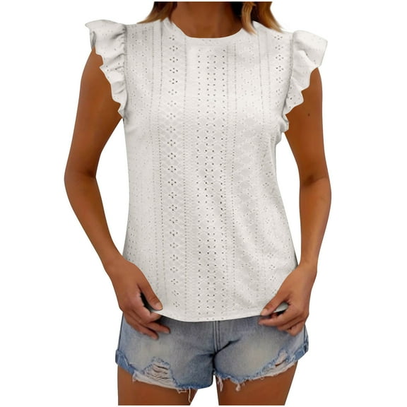 jtjvou Womens Summer Sleeveless Tank Tops Crew Neck Ruffle Cap Sleeve Eyelet Embroidery Shirts Dressy Casual Loose Tunic Blouse White XXL