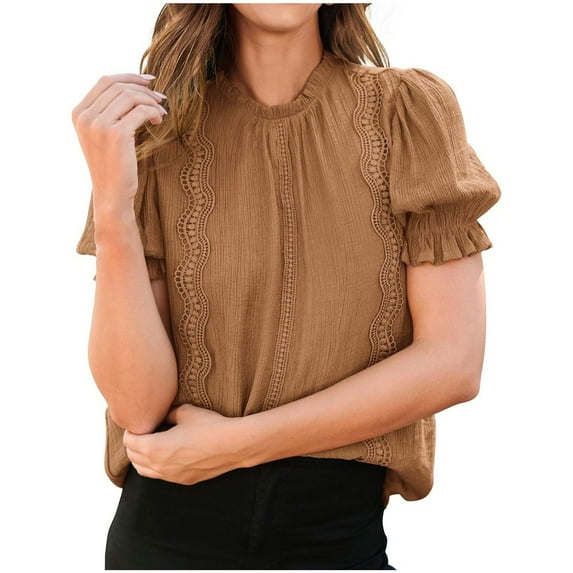jtjvou Womens Summer Tops 2025 Trendy Mock Neck Puff Sleeve Blouse Dressy Casual Business Western Shirts Spring Clothes Yellow XXL