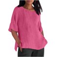 thumbnail image 1 of jtjvou Womens Summer Tops Casual Cotton Linen T-Shirts 3/4 Length Sleeve Crew Neck Pleated Front Side Slit Plus Size Tops Pink XXL, 1 of 4