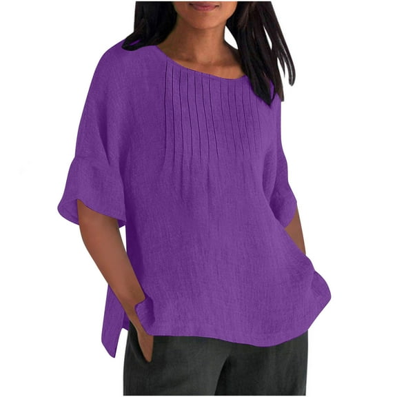 jtjvou Womens Summer Tops Casual Cotton Linen T-Shirts 3/4 Length Sleeve Crew Neck Pleated Front Side Slit Plus Size Tops Purple L