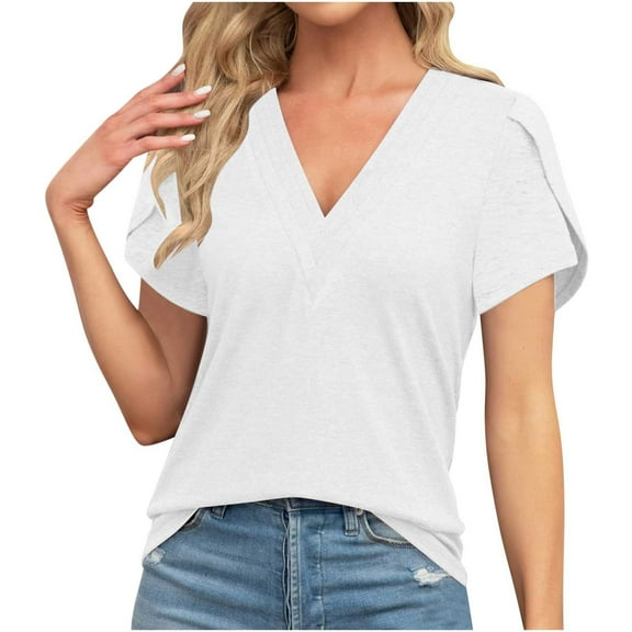 jtjvou Womens Summer Tops Short Sleeve Shrits 2026 Trendy V Neck Spring Outfits Beach Vacation Clothes White L