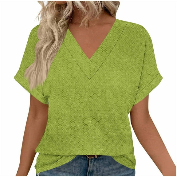 jtjvou Womens Summer Tops Trendy 2025 Eyelet Crossed V Neck T Shirts Casual Loose Fit Short Sleeve Basic Blouses Fashion Green XL