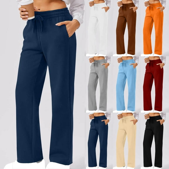 jtjvou Womens Sweatpants 2025 Fall Baggy Wide Leg Sweatpant Fleece Lined Straight Leg Sweat Pants Beige L