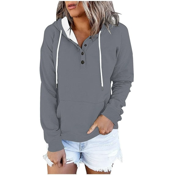 jtjvou Womens Sweatshirt Half Buttons Long Sleeve Drawstring Hoodies Casual Loose Solid Hooded Sweatshirts with Pockets Gray XXL