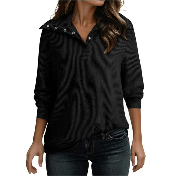 jtjvou Womens Sweatshirt Solid Button Turndown Collar Pullover Casual Fall Clothes Tops Long Sleeve Fashion Sweatshirts Black M