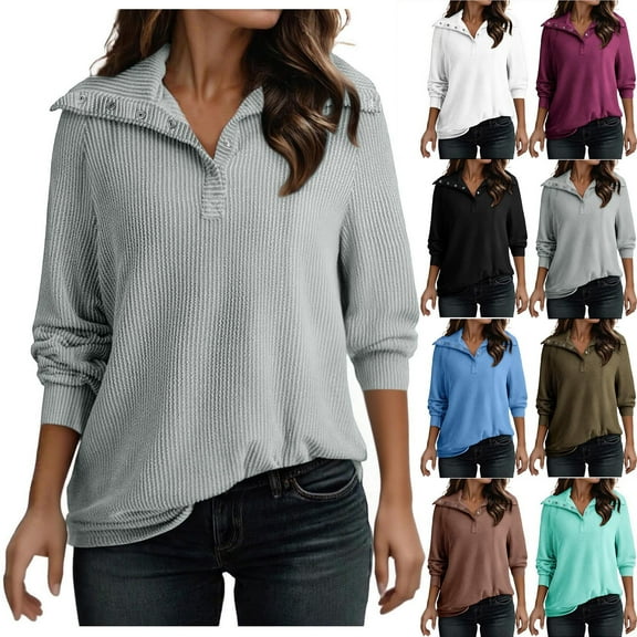 jtjvou Womens Sweatshirt Solid Button Turndown Collar Pullover Casual Fall Clothes Tops Long Sleeve Fashion Sweatshirts Green L