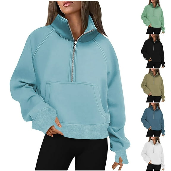 jtjvou Womens Sweatshirts Half Zip Cropped Pullover Fleece Quarter Zipper Hoodies 2025 Fall Fashion Outfits Clothes Black L