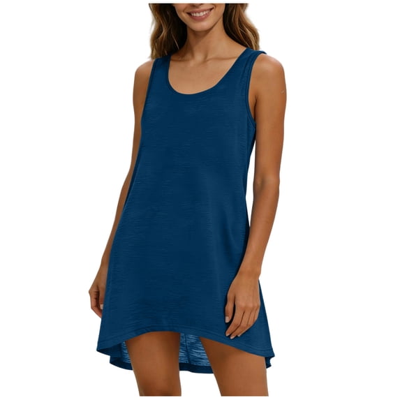 jtjvou Womens Swimsuit Cover Up Summer Sleeveless Solid T Shirt Beach Dress Tank Bikini Coverups Blue M