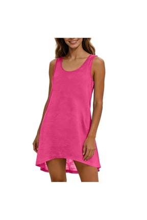 Womens Swimsuit Cover Up Summer Sleeveless Solid T Shirt Beach Dress Tank Bikini Coverups Hot Pink S