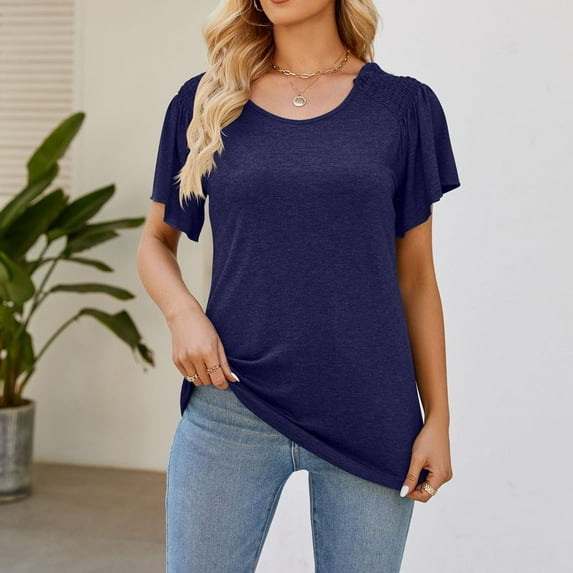 jtjvou Womens T Shirts Ruffle Short Sleeve Summer Tops Cute Crew Neck Casual Blouses Solid Color Fashion Basic Tee Blue XL