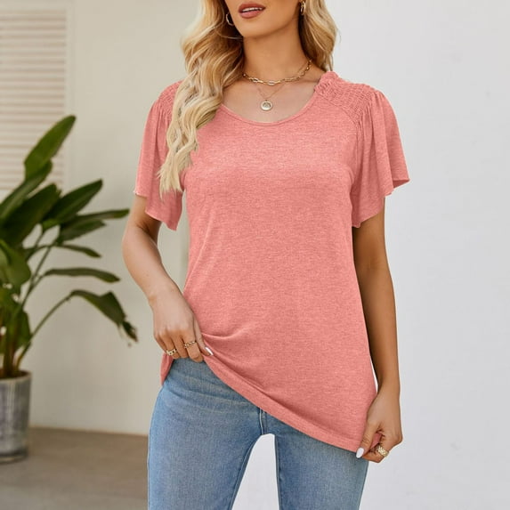 jtjvou Womens T Shirts Ruffle Short Sleeve Summer Tops Cute Crew Neck Casual Blouses Solid Color Fashion Basic Tee Pink M