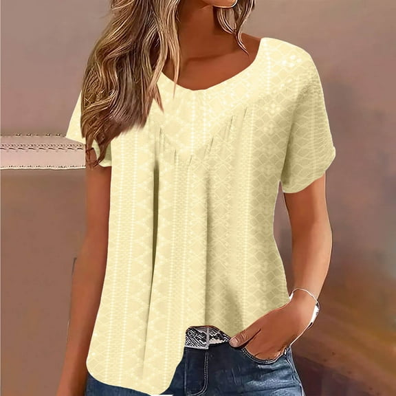 jtjvou Womens T Shirts V Neck Short Sleeve Casual Tops Loose Fit Basic Tees with Curved Hem Yellow S