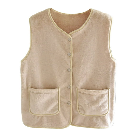 jtjvou Womens Thick Flannel Cardigans Vest Button Down Sleeveless 2025 Winter Soft Warm Fleece Outerwear with Pockets Beige M