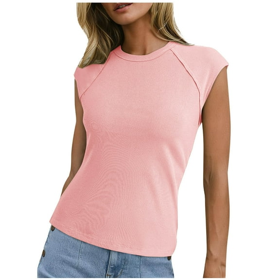 jtjvou Womens Tops Casual Crewneck Cap Sleeve Tops Ribbed Hem Summer T Shirts Slim Fit Basic Tees Blouses Pink S