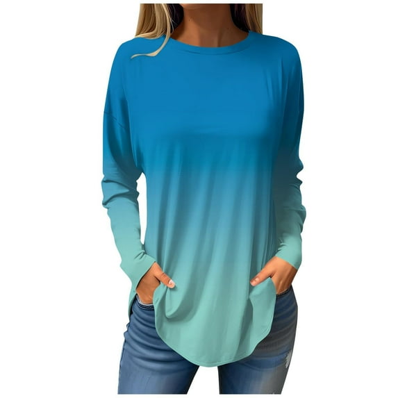 jtjvou Womens Tops,Crewneck Solid/Stripe Tunic Shirts Loose Fit Long Sleeve Sweatshirt Casual Pullover Blouses,Blue,XXL