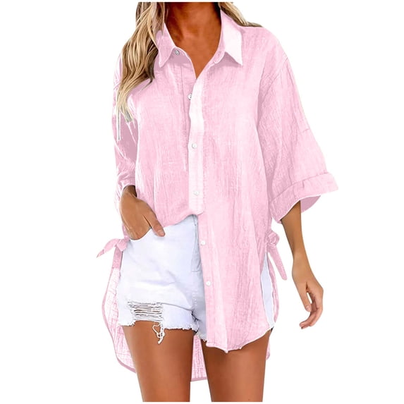 jtjvou Womens Tops Trendy Dressy Cotton Linen Button Down Lapel Shirt Side Slit Roll Up Sleeve Blouses Wear with Jeans Pink S