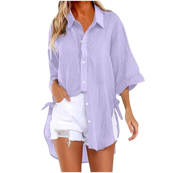 jtjvou Womens Tops Trendy Dressy Cotton Linen Button Down Lapel Shirt Side Slit Roll Up Sleeve Blouses Wear with Jeans Purple L