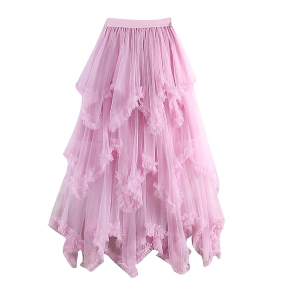 jtjvou Womens Tulle Skirts Asymmetrical High Low Ruffle Skirt Layered Tutu Skirt Cocktail Party A-Line Midi Fairy Skirt Pink Free Size