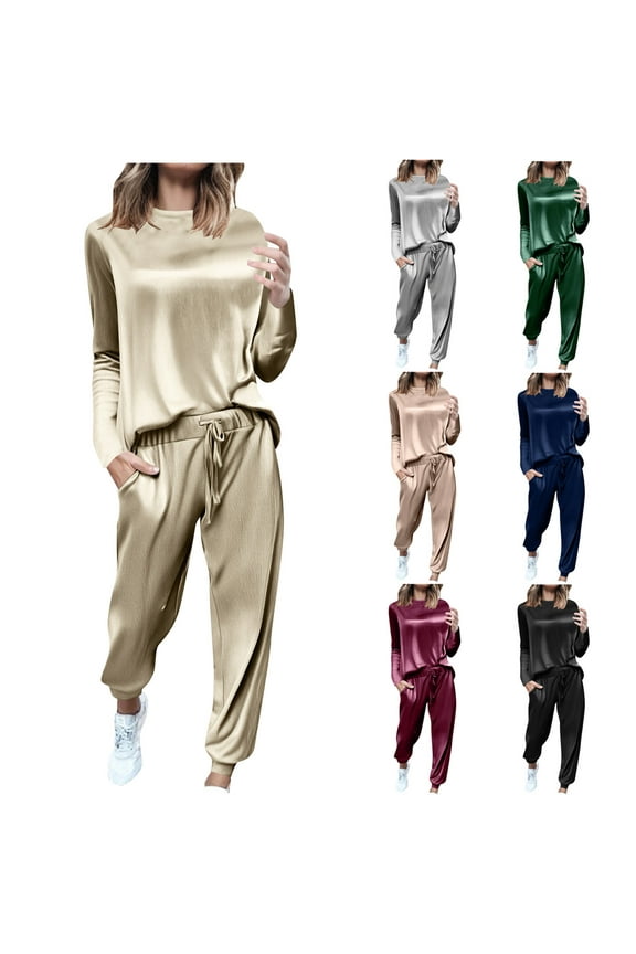 Womens Velour Sets 2 Piece Outfits Velvet Tracksuits Crewneck Long Sleeve Tops Drawstring Jogger Pants Lounge Set Beige L