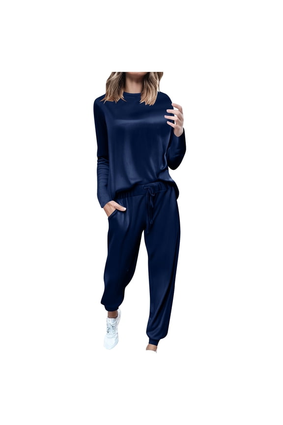 Womens Velour Sets 2 Piece Outfits Velvet Tracksuits Crewneck Long Sleeve Tops Drawstring Jogger Pants Lounge Set Blue XXL