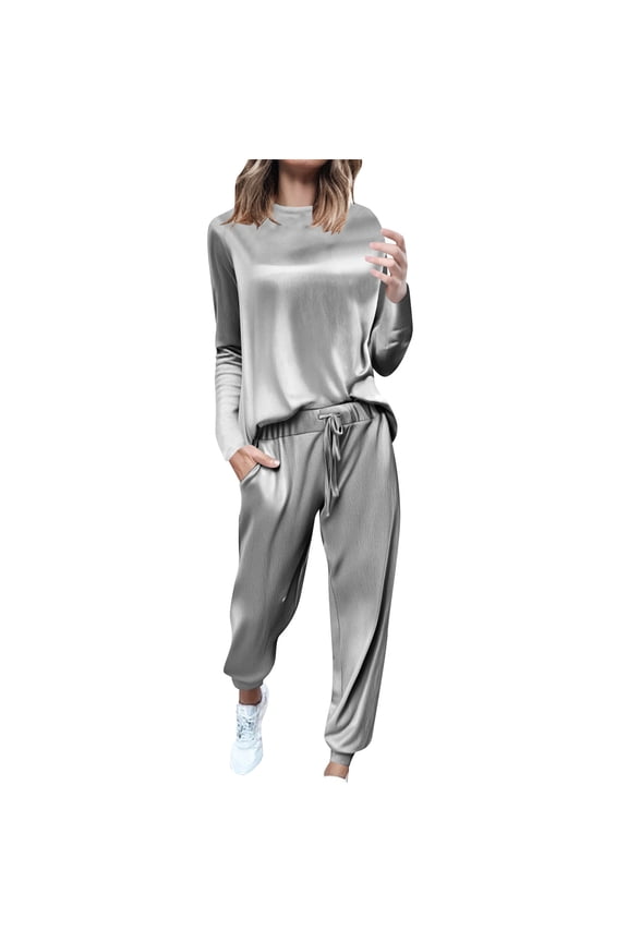 Womens Velour Sets 2 Piece Outfits Velvet Tracksuits Crewneck Long Sleeve Tops Drawstring Jogger Pants Lounge Set Silver XXL