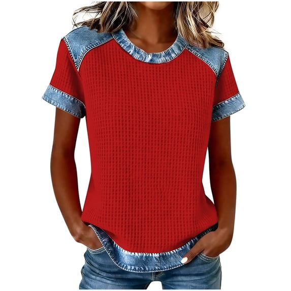 jtjvou Womens Waffle Knit T Shirts Denim Spliced Short Sleeve Tops Crew Neck Casual Color Block Blouses Tees Red L