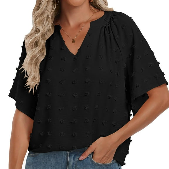jtjvou Womens White Blouse V Neck Ruffle Sleeve Flowy Shirts Dressy Casual Cute Summer Tops Black XL