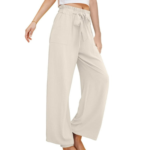 jtjvou Womens Wide Leg Palazzo Pants Belted High Waisted Business Casual Flowy Long Trousers with Pockets White S