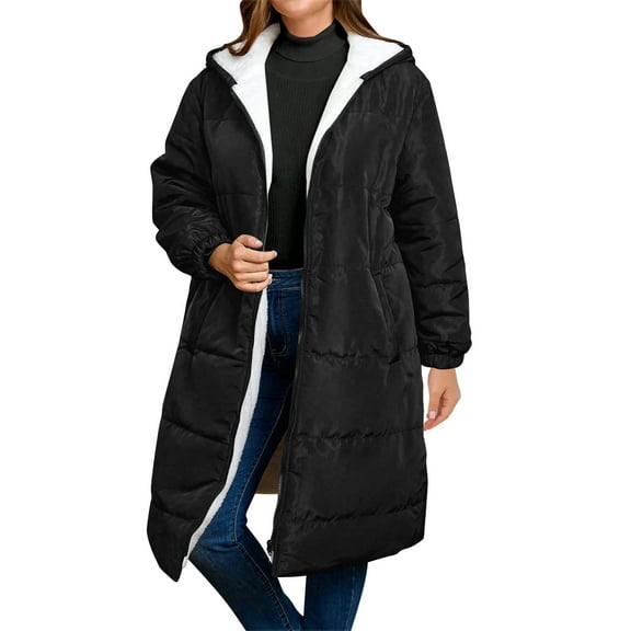 jtjvou Womens Winter Long Coats Trendy Puffer Jacket Fleece Lined Down Coat Long Sleeve Parka Oversized with Hood Black S