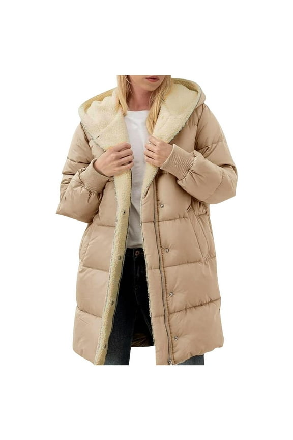 Womens Winter Long Down Coats Teddy Fleece Lined Jacket Plus Size Warm Down Thicken Hooded Windproof Quilted Puffer Jackets Yellow M