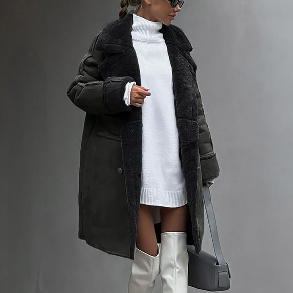 jtjvou Womens Winter Overcoat Fleece Lined Faux Suede Leather Long Trench Coats Notched Lapel Double Breasted Gray M