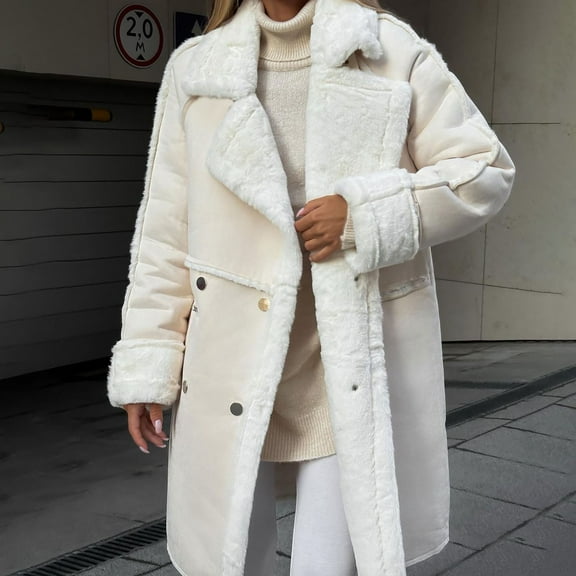 jtjvou Womens Winter Overcoat Fleece Lined Faux Suede Leather Long Trench Coats Notched Lapel Double Breasted White S