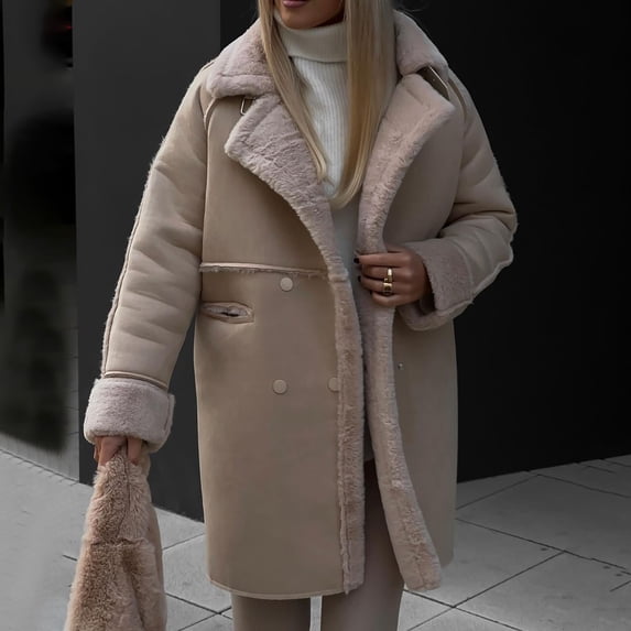 jtjvou Womens Winter Overcoat Fleece Lined Faux Suede Leather Long Trench Coats Notched Lapel Double Breasted Yellow L