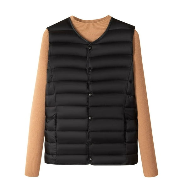 jtjvou Womens Winter Puffer Vest Quilted Lightweight Collarless Sleeveless Outdoor Jackets Button Warm Padded Coat Outerwear Black XXXXL