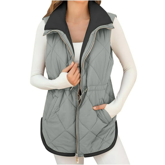 jtjvou Womens Winter Vests Sleeveless Fleece Jacket Zip Up Stand Collar Warm Drawstring Waist Coat with Pockets Gray M