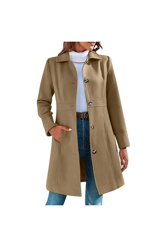 Womens Winter Woolen Outerwear Overcoat Single Breasted Mid-Thigh A-Line Pea Coat Business Office Elegant Trench Coat Yellow L