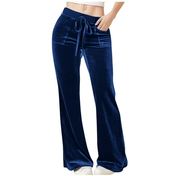 jtjvou Womens Work Pants Comfy Velvet Bootcut Flare Pants with Drawstring Waist Loose Casual Wide Leg Trousers with Pocket Blue S