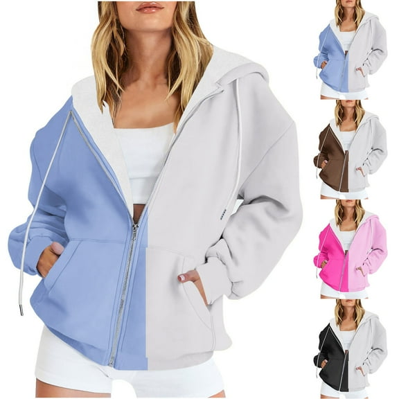 jtjvou Womens Zip Up Hoodies Lined Fleece Thermal Jacket Full Zip Long Sleeve Sweatshirts Gradient Color Shirts Coat Black L