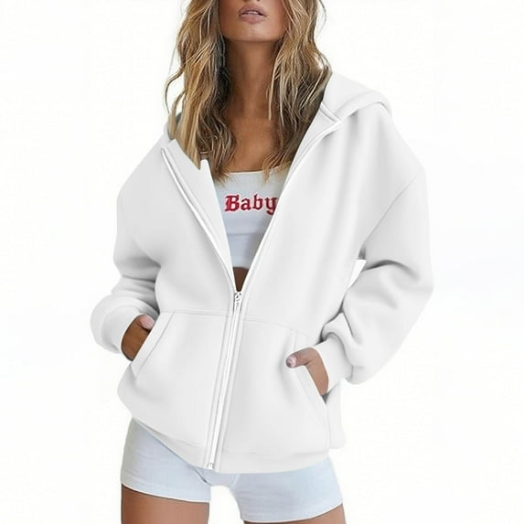 jtjvou Womens Zip Up Hoodies Oversized Sweatshirts Fall School Fashion Outfits Casual Jackets 2025 Winter Clothes White L
