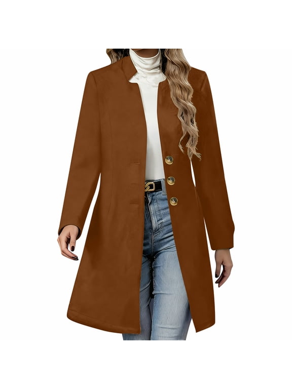 Wool Coats for Women Casual Stand Collar Long Pea Coat 2025 Winter Fashion Single Breasted Warm Jacket Overcoat Brown XXL