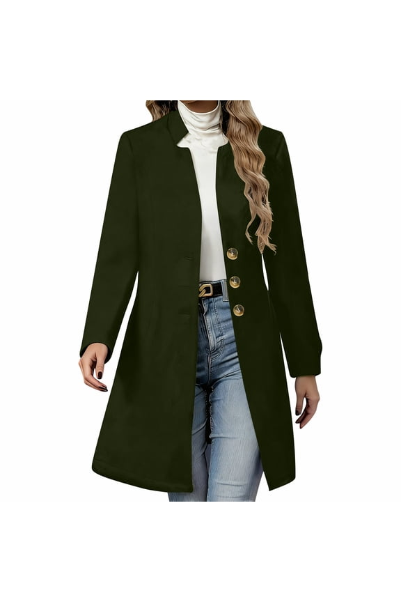 Wool Coats for Women Casual Stand Collar Long Pea Coat 2025 Winter Fashion Single Breasted Warm Jacket Overcoat Green XL