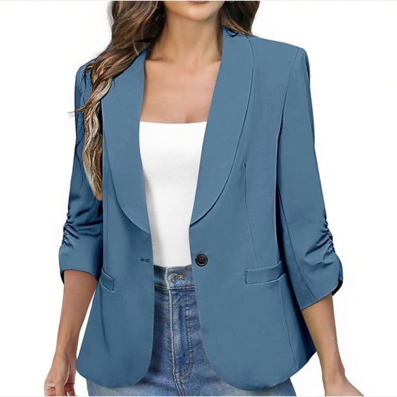 jtjvou Work Blazer with Pockets Trendy Suit Jacket Lightweight Slim-Fit Front Open Blouse Button up Solid Color Office Cardigan Blazer for Women Business Lapel Jacket Blue L