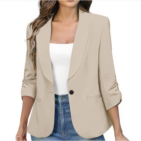 jtjvou Work Blazer with Pockets Trendy Suit Jacket Lightweight Slim-Fit Front Open Blouse Button up Solid Color Office Cardigan Blazer for Women Business Lapel Jacket Beige XXL