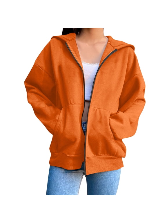 Zip Up Hoodie Women Full Zipper Womens Hoodies Oversized Trendy 2025 Fleece Lined Hooded Sweatshirt for Fall Winter Outwear Orange M