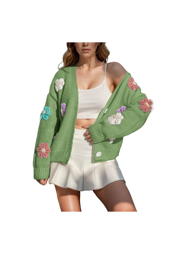 omen's Ribbed Knit Cardigans Embroidery Aesthetic Pretty Flowers Applique Button Up Sweater Coat Green XL