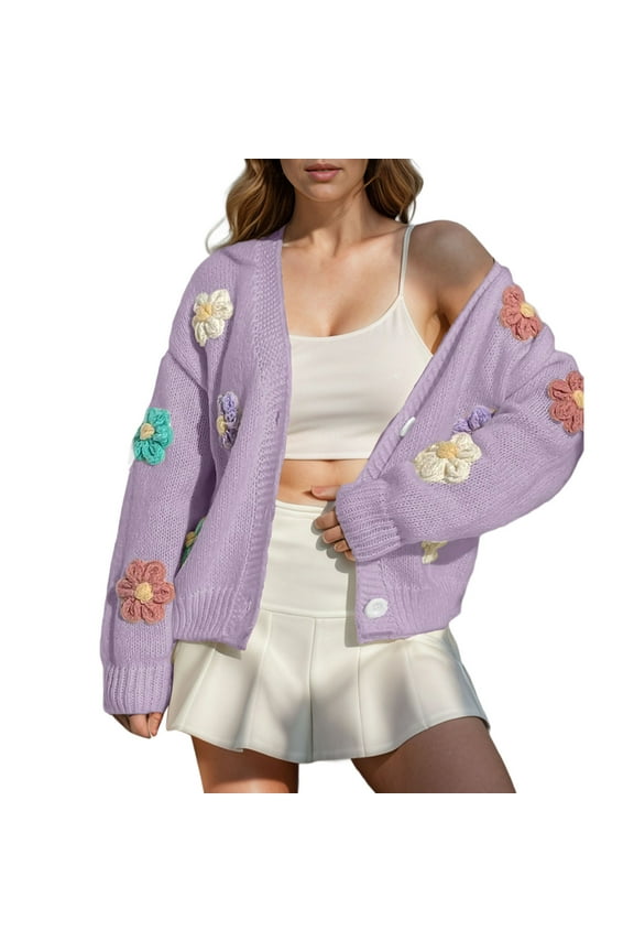omen's Ribbed Knit Cardigans Embroidery Aesthetic Pretty Flowers Applique Button Up Sweater Coat Purple S